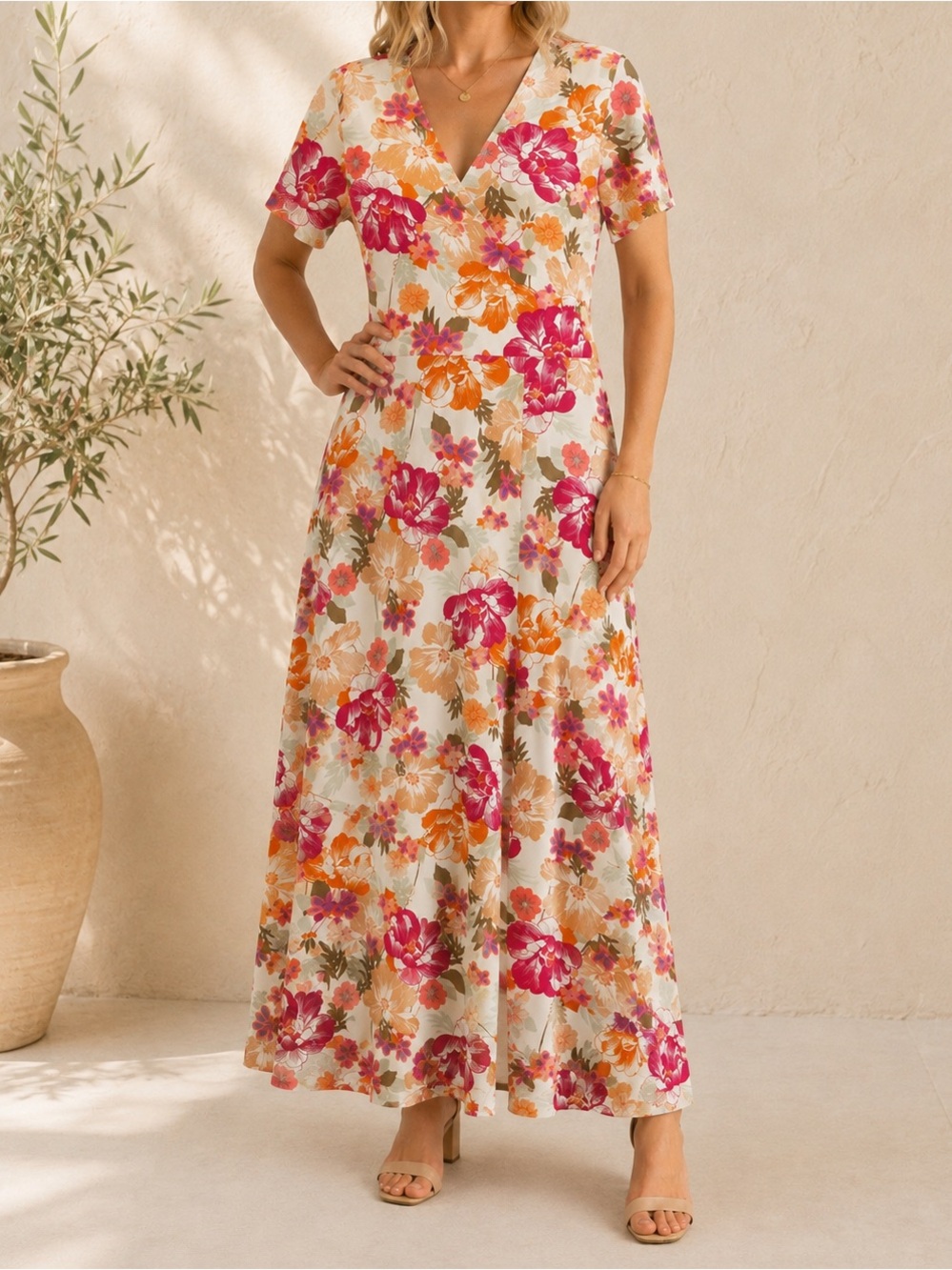WAYF Floral Maxi Dress V-Neck Front Slit Stretch Midi Maxi Medium Tropical